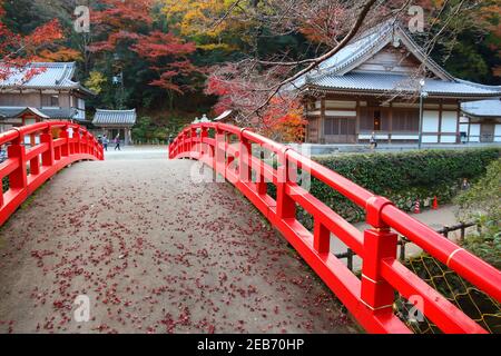 Pont japonais rouge à Minoh Park près d'Osaka, Japon. Banque D'Images