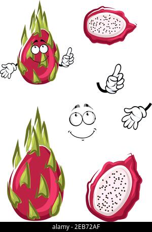 Fruit dragon asiatique exotique avec pelage rose lisse, feuilles vertes et pulpe blanche. Happy pitaya fruit caractère pour la cuisine asiatique, dessert tropical Illustration de Vecteur