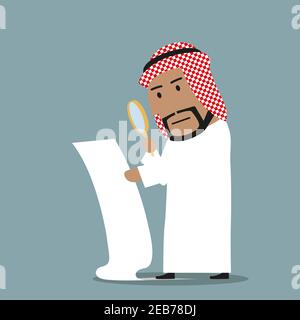 Homme d'affaires arabe concentré avec loupe lisant et analysant le gros contrat. Inspection de contrat, impression fine, fraude en termes et conditi Illustration de Vecteur