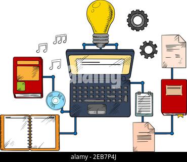 Icônes de la technologie d'éducation Web ou d'e-learning avec ordinateur portable et ampoule entourée d'une variété de livres interconnectés Illustration de Vecteur