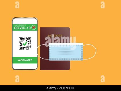 Voyagez dans un concept nouveau. Illustration du passeport, passeport numérique du vaccin identification de la vaccination Covid-19 sur téléphone portable et masque facial.VEC Illustration de Vecteur