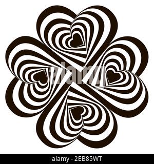 Créez quatre coeurs rayés tourbillon illusion de rotation arrière-plan. Toile de fond abstraite à rayures et distorsion torsadée. Illustration vectorielle Illustration de Vecteur
