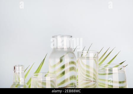 feuille de palmier déformée dans l'eau dans les verres et les bouteilles sur fond bleu. Décoration maison, écologique, eau pure, concept de jardinage.espace de copie Banque D'Images