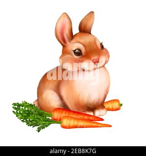 Lapin et carottes. Illustration Pâques mignonne. Isolé sur blanc Banque D'Images