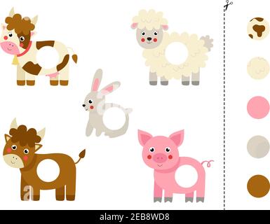 Couper et coller des parties d'animaux de la ferme vecteur de dessin animé. Jeu logique éducatif pour les enfants. Jeu correspondant. Illustration de Vecteur