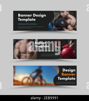 ensemble de bandeaux web noirs horizontaux avec espace pour les photos et lignes de couleur incurvées. Modèles universels pour la publicité de sports, de voyages ou d'affaires. Ven Illustration de Vecteur
