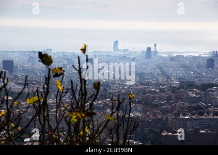 Lever de soleil enchanteur de Barcelone depuis Tibidabo : une étreinte dorée sur l'horizon emblématique de la ville, capturant la magie d'un nouveau jour Banque D'Images