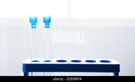 Tubes à essai sur un support bleu sur gris flou et fond blanc du laboratoire chimique Banque D'Images