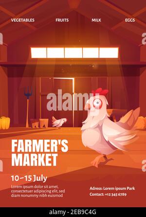 Affiche du marché agricole avec illustration de la poule dans une grange en bois. Vecteur circulaire de la foire agricole à la vente récolte et nourriture des fermes. Dessin animé intérieur du hangar avec les poulets, le foin et la fourchette Illustration de Vecteur