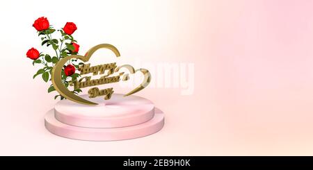 Inscription « Golden Happy Valentine's Day » dans un cœur un piédestal circulaire en rose - à côté du coeur il y a un bouquet de roses rouges - 3d r Banque D'Images