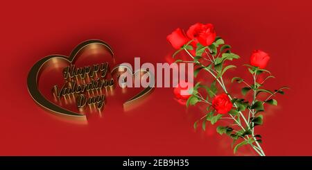 Inscription « Golden Happy Valentine's Day » au cœur - Next au coeur se trouve un bouquet de roses rouges - rendu 3d - espace de copie Banque D'Images