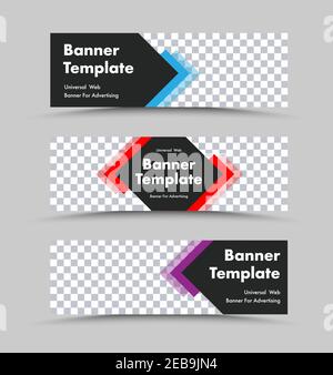 Ensemble de modèles de bannières web horizontales noires sous forme de semelle intérieure avec éléments de couleur transparente et espace pour une photo. Conception pour l'annonceur Illustration de Vecteur