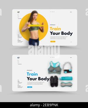 UI conception de la page vectorielle du site Web pour l'entraîneur ou la salle de sport. Modèles avec éléments de couleur, un cercle et un emplacement pour une photo. Définir Illustration de Vecteur