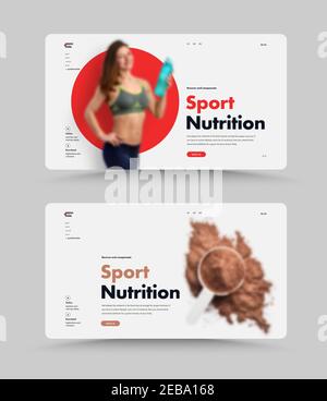 Ensemble de page d'accueil de conception de site Web UI/UX pour la nutrition ou les suppléments sportifs. Modèle de page Web avec place pour la photo et cercle rouge sur l'arrière-plan. Min Illustration de Vecteur