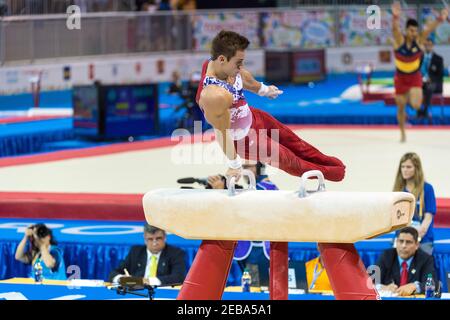 Samuel Mikulak dans le cheval Pommel pendant la compétition artistique de gymnastique des Jeux PanAm de Toronto 2015. L'équipe des États-Unis a remporté la médaille d'or et sa Banque D'Images