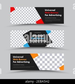 Modèle de bandeaux Web horizontaux noirs avec éléments diagonaux et losange multicolore. Illustration vectorielle. Concevez avec un endroit pour une photo. Illustration de Vecteur