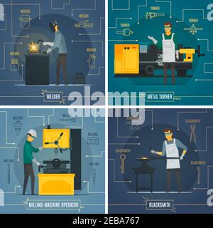 Forgeron metaworking 4 icônes plates carré composition avec éléments d'infographie illustration vectorielle isolée du processus de tournage de soudure par fusion Illustration de Vecteur