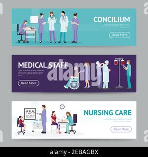 Bannières horizontales de soins médicaux avec l'infirmière du médecin conseillant les travailleurs d'hôpital dans une illustration vectorielle de style plat Illustration de Vecteur