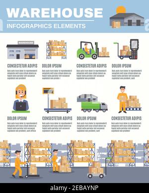 Présentation à plat des infographies de l'entrepôt avec supports de transport de marchandises avec des cases met à l'échelle les images et l'illustration vectorielle d'informations Illustration de Vecteur