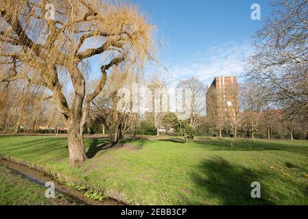 Bâtiment AA Basingstoke en arrière-plan de l'époque du printemps du parc d'eastrp Banque D'Images