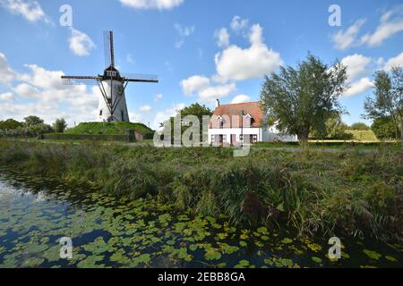 Paysage avec une maison rurale flamande typique et le moulin à vent historique de Schellemolen sur les rives de la Damse Vaart à Damme, Flandre Occidentale Belgique. Banque D'Images