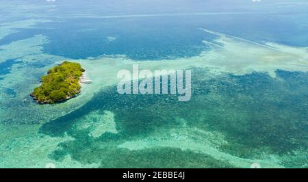 Vue sur une île tropicale avec des palmiers et une plage dans les eaux turquoise d'un récif de corail. Panglao, Philippines. Banque D'Images