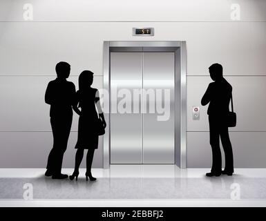 Trois silhouettes hommes et femmes debout devant ascenseur moderne et en attente d'une illustration vectorielle réaliste Illustration de Vecteur