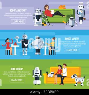 Des bannières horizontales d'intelligence artificielle avec des robots aidant les gens dans différents situations dans une illustration vectorielle de style plat Illustration de Vecteur