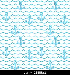 Motif vectoriel de style nautique avec ancres et vagues. Illustration de Vecteur