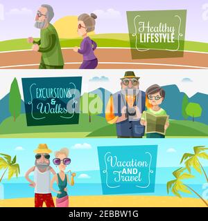 Banderoles horizontales pour couple ancien avec activités de voyage et de sport dans une illustration vectorielle de style dessin animé Illustration de Vecteur