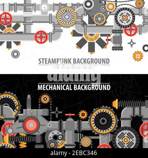 Bannières horizontales technologiques abstraites avec éléments mécaniques techniques industriels et illustration vectorielle d'objets Illustration de Vecteur