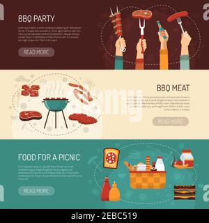 Banderoles horizontales de fête de barbecue avec kit de nourriture pour pique-nique et illustration vectorielle plate de l'assortiment de viandes grillées Illustration de Vecteur