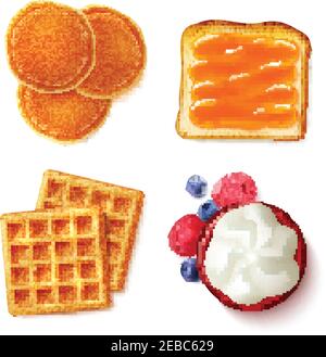 Menu petit-déjeuner composé de 4 carrés réalistes d'images de la meilleure vie avec crêpes gaufres toast crème illustration vectorielle isolée Illustration de Vecteur