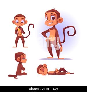 Personnage de singe mignon dans différentes poses. Ensemble vectoriel de mascotte de dessin animé, singe drôle souriant, tenant la banane, le sommeil et offensé. Ensemble créatif, chimpanzé d'animaux sauvages isolée sur fond blanc Illustration de Vecteur