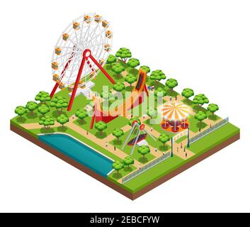 Composition isométrique du parc d'attractions avec symboles carrousel et roue ferris illustration vectorielle Illustration de Vecteur