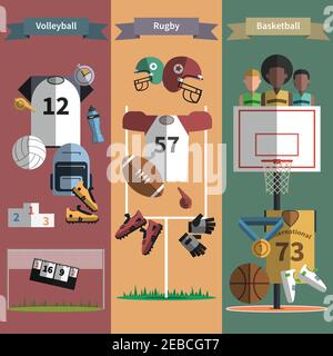 Les attributs sportifs de l'équipe de rugby et de basket-ball 3 Flat vertical bannières ensemble abstrait ombre vecteur illustration isolée Illustration de Vecteur