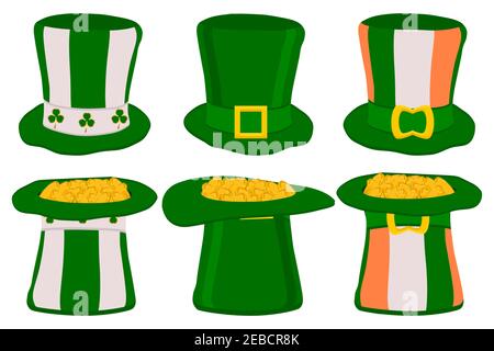 Illustration sur le thème vacances irlandaises St Patrick jour, set headaddress chapeaux. Pattern St Patrick Day composé de nombreux chapeaux verts différents sur le dos blanc Illustration de Vecteur