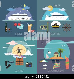 Design de bateau ensemble avec croisière yachting surf plage vacances icônes plates illustration vectorielle isolée Illustration de Vecteur