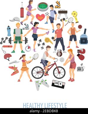 Concept de mode de vie sain avec les personnes jouant des jeux de sport à vecteur plat illustration Illustration de Vecteur