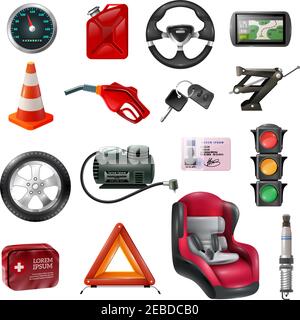 Kit d'entretien de voiture de différents accessoires et équipements automobiles activés illustration vectorielle isolée sur fond blanc Illustration de Vecteur