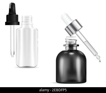 Flacon compte-gouttes cosmétique. Flacons de sérum avec maquette de pipette goutte isolée sur blanc. Flacon d'huile essentielle en verre noir et transparent. flacon 3d pour medici Illustration de Vecteur