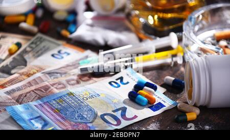 Les substances addictives, y compris l'alcool, les cigarettes et les drogues. Banque D'Images