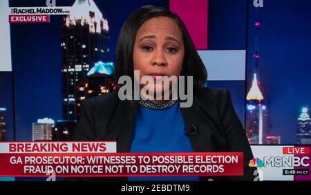 11 février 2021, New York, New York, États-Unis - FANI WILLIS, procureur de district du comté de Fulton, Géorgie, apparaît sur le Rachel Maddow Show de MSNBC. Mme Willis a ouvert une enquête criminelle sur l'appel téléphonique du président Trump du 2 janvier au secrétaire d'État de Géorgie, Brad Raffesnsperger, au cours de laquelle Trump lui a demandé de renverser les résultats des élections présidentielles de la Géorgie en 2020.(image de crédit : © MSNBC/ZUMA Wire) Banque D'Images