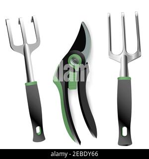 Jeu d'outils de jardin, illustration vectorielle, fourche, râteau, équipement agricole. Outils de jardinage réalistes, ciseaux, conception d'instruments de travail de cour de ferme Illustration de Vecteur