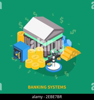 Les icônes isométriques des systèmes bancaires s'arrondissez à la composition avec le coffre-fort bancaire illustration du vecteur or de la balance de banque box Illustration de Vecteur