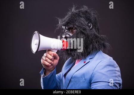 businessman wearing gorilla mask and screaming to megafon Banque D'Images