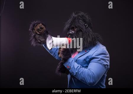 businessman wearing gorilla mask and screaming to megafon Banque D'Images
