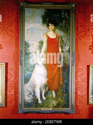 Tableaux de la Maison Blanche, la coupe de thé de Mary Cassatt, portraits de Dwight D. Eisenhower, Mamie Doud Eisenhower, Grace Coolidge et Abraham Lincoln. Portrait de la première dame Grace Goodhue Coolidge (et le chien Coolidgesu0027, Rob Roy) par Howard Chandler Christy, 1924, et un don de Pi Beta Phi Fraternité. Red Room, Maison Blanche, Washington, D.C. Banque D'Images