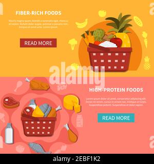 Supermarché alimentaire 2 bannières horizontales avec panier à boutons en savoir plus aliments riches en fibres riches en protéines fond rose orange vecteur plat illustration Illustration de Vecteur