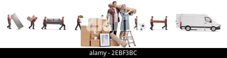 Le couple se prépare à se déplacer et les travailleurs à partir d'un déménagement compagnie avec une camionnette isolée sur fond blanc Banque D'Images